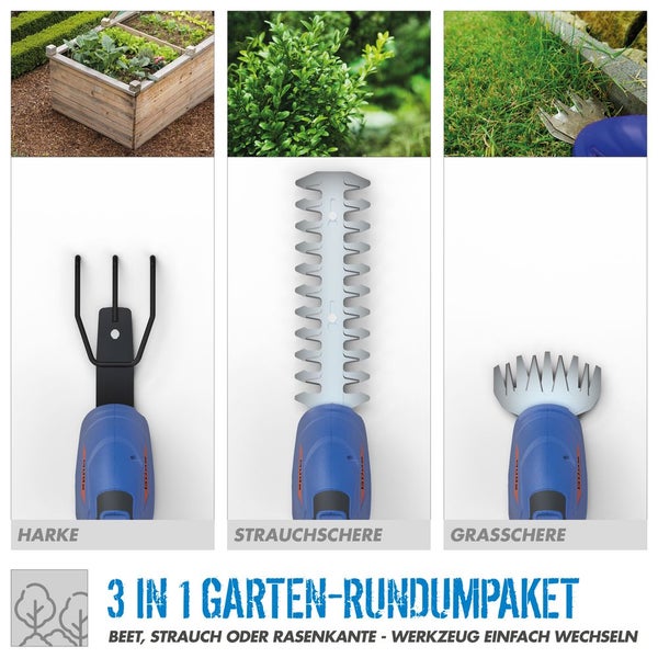 3-in-1-Gartenset mit Akku-Multitool: Aufsätze für Harke, Strauchschere und Grasschere für Beet, Sträucher und Rasenkanten.