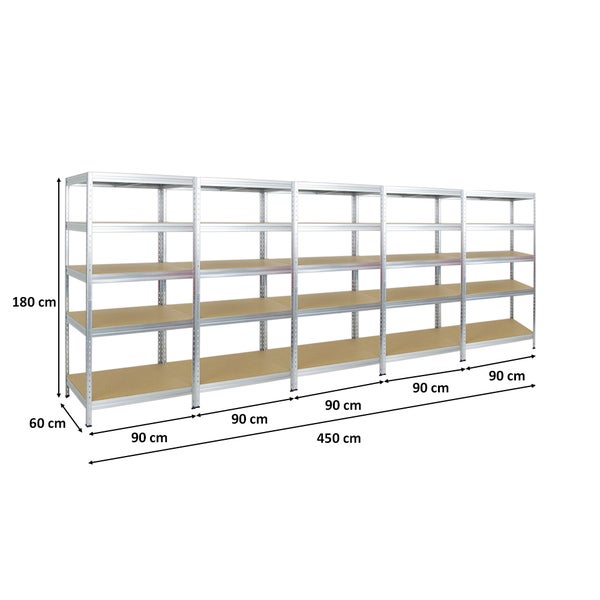 PROREGAL Mega Deal 5x Schwerlastregal Rivet HxBxT 180 x 90 x 60 cm Fachlast 250 kg Verzinkt