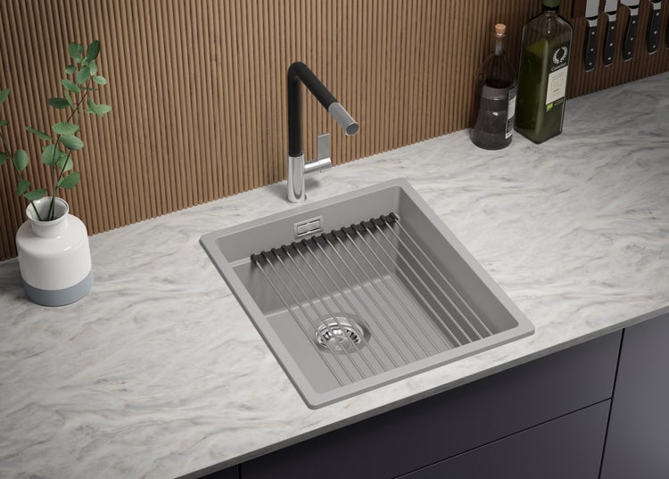 PRIMAGRAN Spülbecken Grau 41x47cm, Granitspüle 1 Becken + Ablauf-Set + Aufrollbare Abtropffläche, Küchenspüle ab 45er Unterschrank - Praga Slim