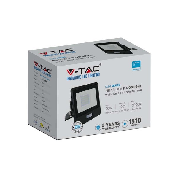 V-TAC VT-128S-B - LED-Flutlichtstrahler mit PIR-Sensor - Schwarz - Samsung - IP65 - 20W - 1510
