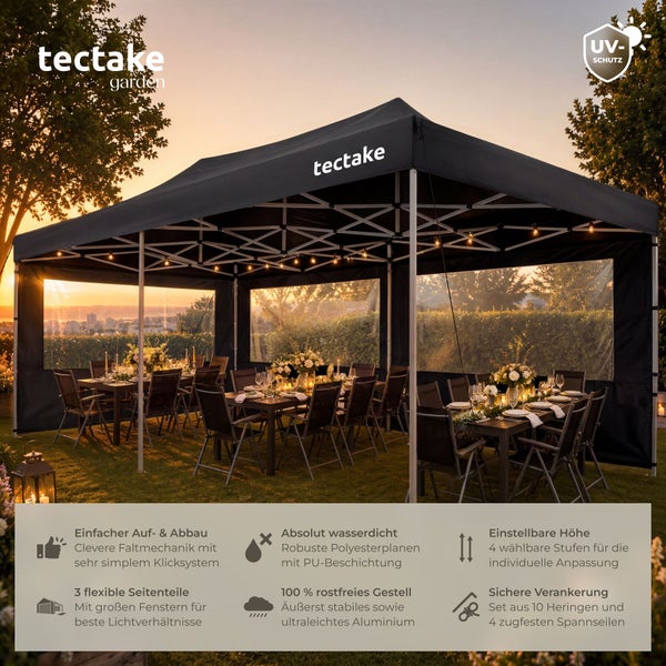 tectake Logo, Faltpavillon im Garten über festlich gedeckten Tischen, Seitenwände mit Fenstern, Ultraviolett-Schutz, helle Atmosphäre.