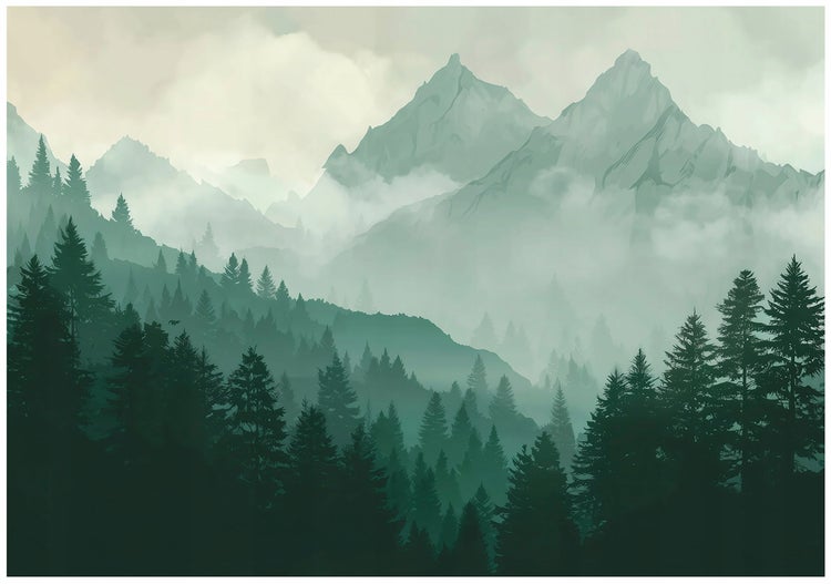 Illustration einer Berglandschaft mit Bäumen und Nebel