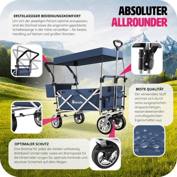 Bollerwagen tectake Nico inklusive Tragetasche, Belastbarkeit 80 kg faltbar, mit Dach blau