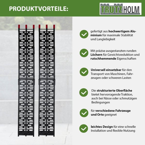 Trutzholm Logo, Produktvorteile: zwei Aluminium-Laderampen für Maschinen, Fahrzeuge oder schwere Lasten