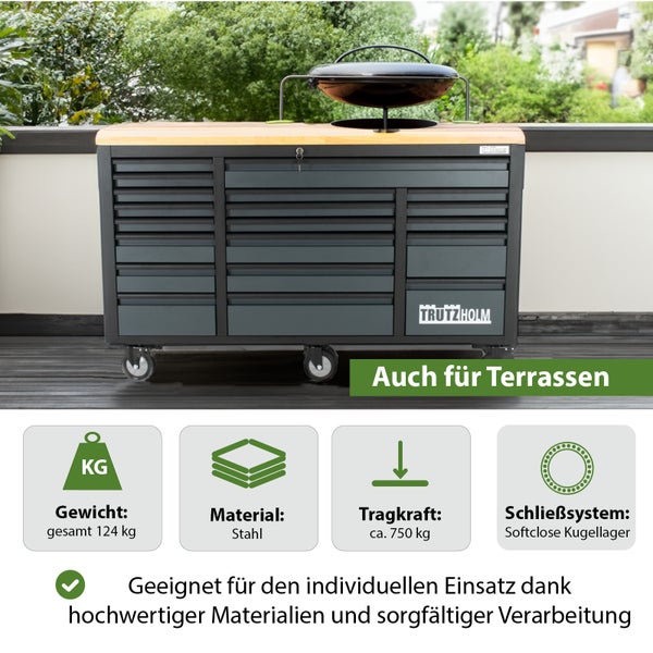 Werkbankwagen mit Schubladen, Arbeitsplatte und TrutzHolm Logo