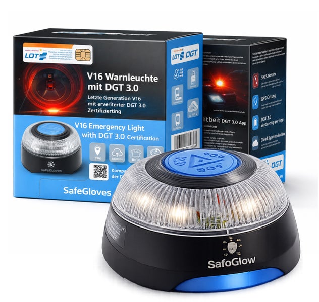 V16 Warnleuchte mit DGT 3.0 und Safegloves Logo