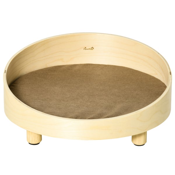 PawHut Hundesofa aus Ratten Erhöhtes Haustiersofa mit Kissen Katzensofa Hundebett Haustierbett Hundeschlafplatz für minimale Hunde waschbarer Bezug Holzbeine Natur+Hellbraun Ø59 x 23,5 cm