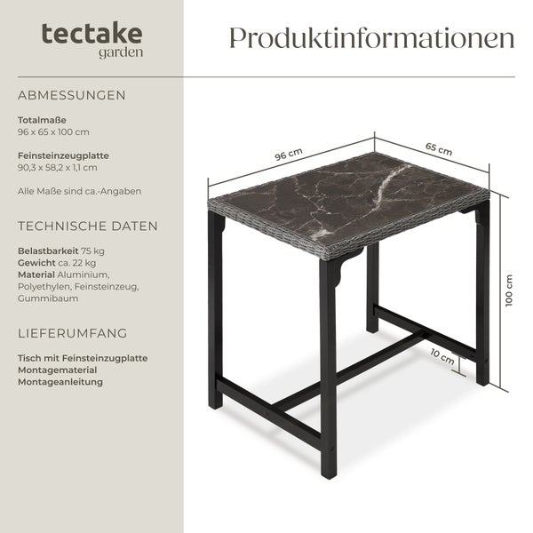 Rattan Bartisch tectake Kutina 96 x 65 x 100 cm mit Aluminium- und Holzgestell grau