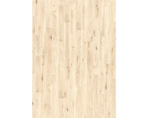 Bodenbelag in heller Holzoptik mit sichtbarer Maserung und Astlöchern, 3-Stab-Dekor.