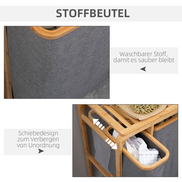 HOMCOM Wäschekorb Wäschebox mit Plattform Wäschesammler mit 3 abnehmbaren Wäschesacke Wäschesortierer für Schlafzimmer Badezimmer Bambus Grau+Natur 50 x 32 x 69,7 cm