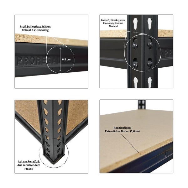 PROREGAL Mega Deal 4x Profi Schwerlastregal Bison HxBxT 200 x 200 x 60 cm 4 Fachböden Fachlast 600 kg Schwarz