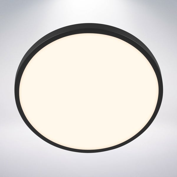 Rundes LED-Panel mit schwarzem Rahmen und weißer Leuchtfläche für die Deckenmontage.