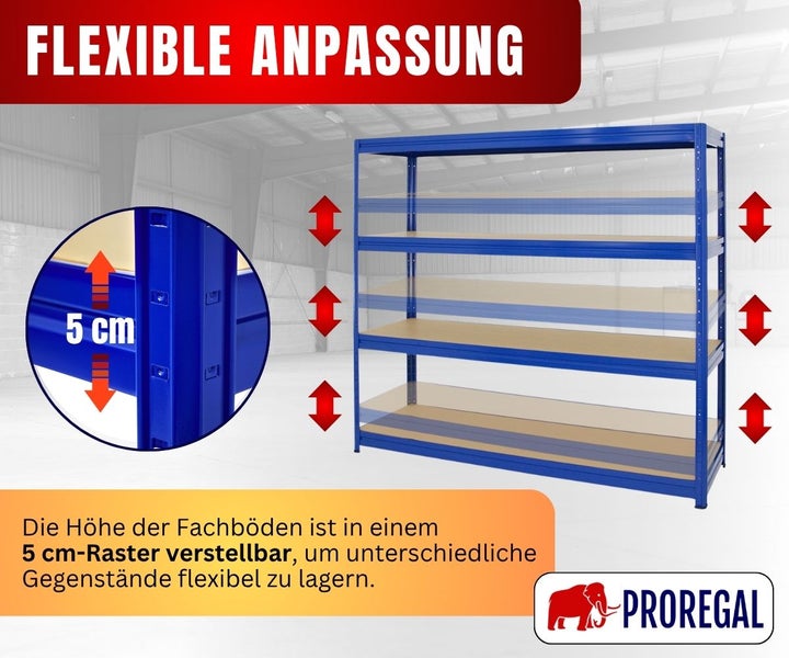 Blaues Schwerlastregal aus Metall mit verstellbaren Holzböden im 5 Zentimeter Raster für flexible Lagerung. Proregal Logo.