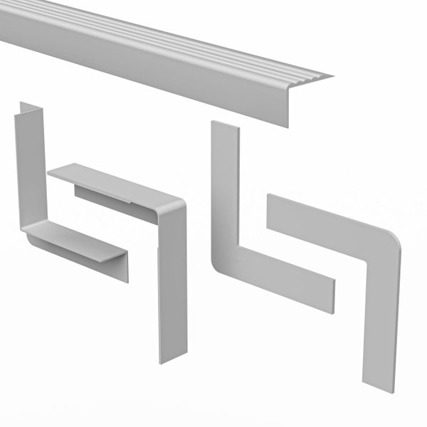 Treppenkantenprofil aus Metall mit passenden Eckstücken für Treppenstufen