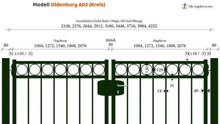 Technische Zeichnung des Modells Oldenburg A02 (Kreis) mit Maßangaben