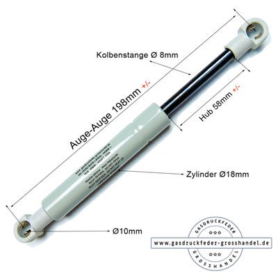 Gasdruckfeder: Länge Auge-Auge 198 Millimeter plus minus, Hub 58 Millimeter plus minus, Kolbenstange 8 Millimeter, Zylinder 18 Millimeter.