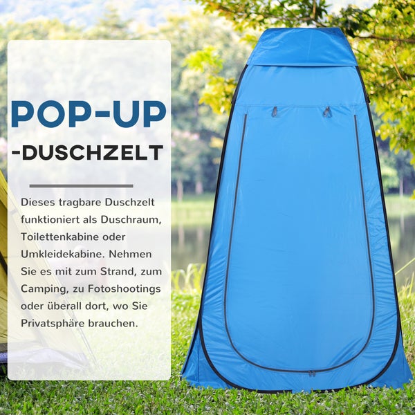 Blaues Pop-up-Duschzelt für Camping und Outdoor, nutzbar als Umkleidekabine oder Toilettenzelt.