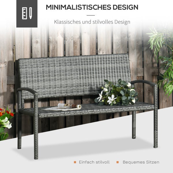 Outsunny Gartenbank, Sitzbank in Rattanoptik, für 2 Personen, bis 320 kg Belastbar, 122 x 60 x 85cm, PE Polyrattan, Stahl, Grau