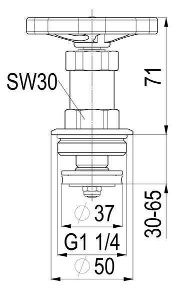 Technische Zeichnung eines Ventils mit Handrad, Schlüsselweite 30, Gewinde G 1 1/4 Zoll und Maßangaben in Millimeter.