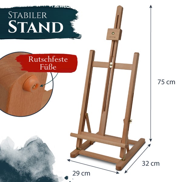 Artina Tischstaffelei aus Holz mit rutschfesten Füßen, 75 Zentimeter hoch, 29 Zentimeter breit und 32 Zentimeter tief.