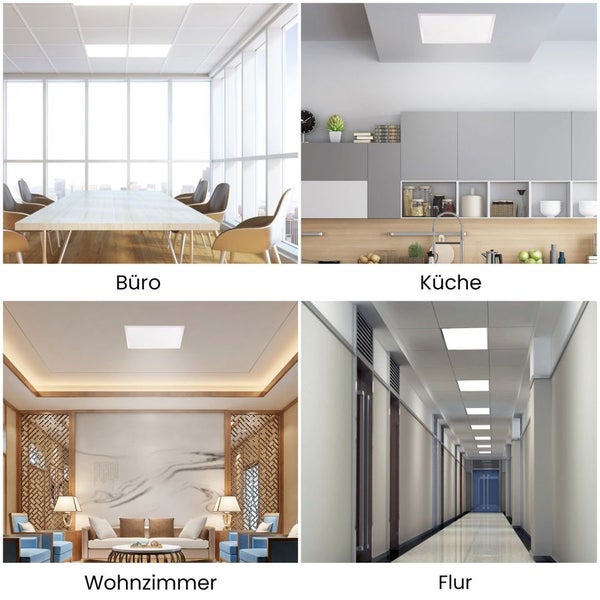 Collage von Büroräumen, Küchen, Wohnzimmern und Fluren mit installierten LED-Panelen zur Deckenbeleuchtung.