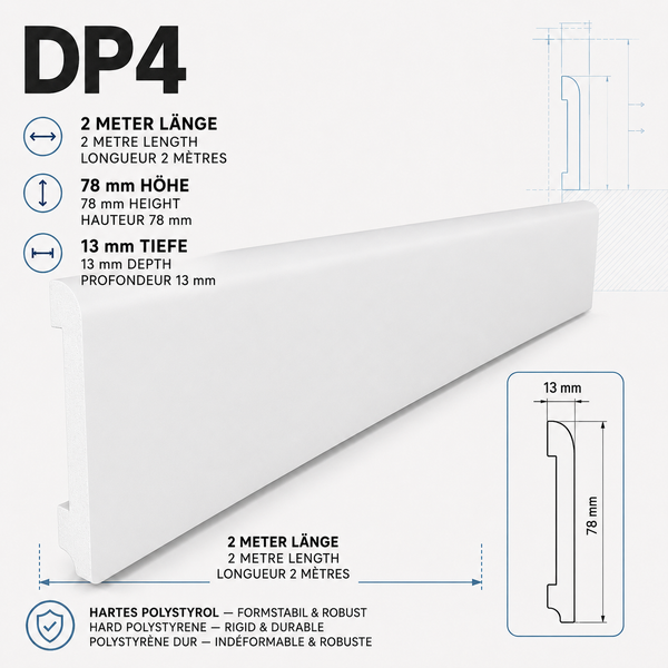 Fußleiste DP4 aus hartem Polystyrol mit 2 Metern Länge, 78 Millimeter Höhe und 13 Millimeter Tiefe inklusive technischer Zeichnung.