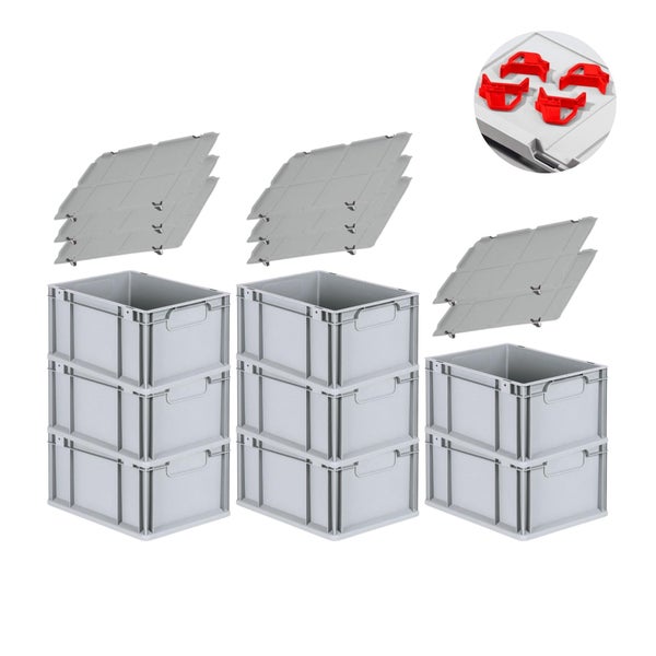 PROREGAL Spar Set 8x Eurobox Nextgen Economy Mit Auflagedeckel & 4x Schiebeschnappverschlüsse Rot Griffe Geschlossen HxBxT 22 x 30 x 40 cm 20 Liter
