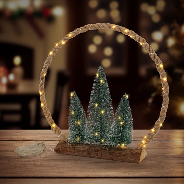 Weihnachtsdekoration mit beleuchtetem Seilkreis und drei kleinen Tannenbäumen auf einem Holzsockel