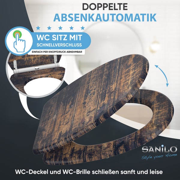 WC-Sitz von SANILO in Holzoptik mit doppelter Absenkautomatik und praktischer Schnellverschluss-Funktion per Knopfdruck.