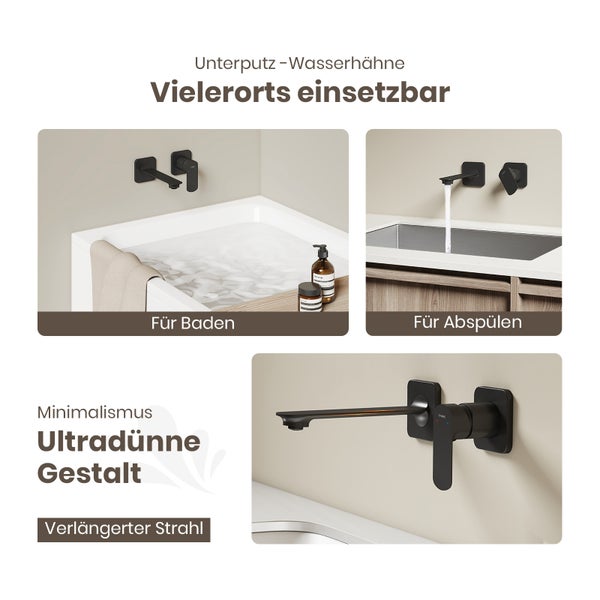 Anwendungsbeispiele für Unterputz-Wasserhähne im Badezimmer und an der Spüle.