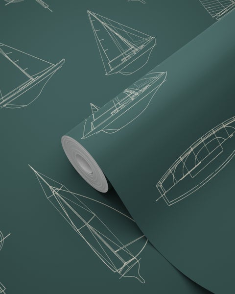 Tapetenrolle mit nautischem Muster aus Segelboot-Skizzen und technischen Zeichnungen von Schiffen.