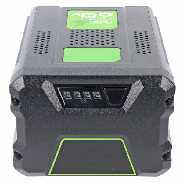 Lithium-Ionen-Akku 40 Volt mit 4,0 Amperestunden Kapazität und Ladestandsanzeige.