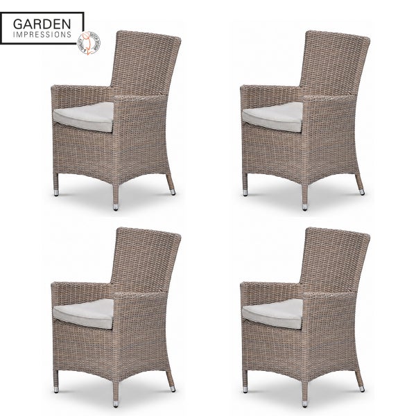 Vier Gartenstühle aus Polyrattan mit Sitzkissen, Garden Impressions Logo, Niederländisches Design.
