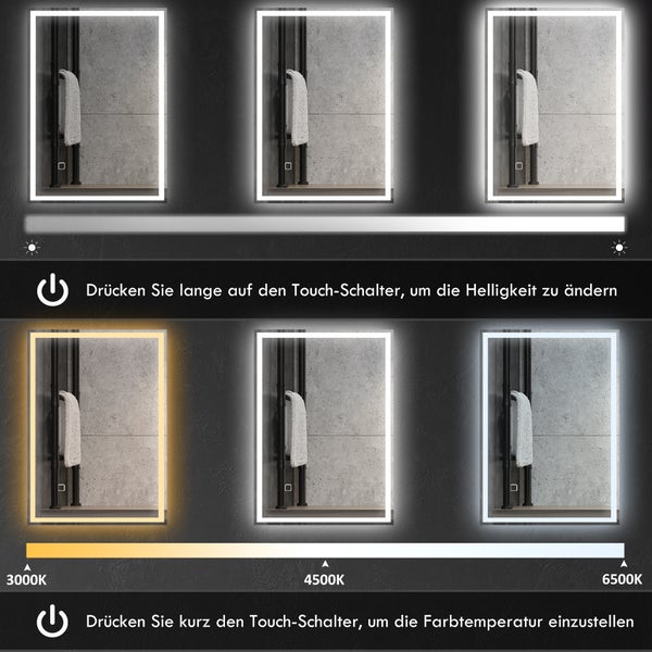 HOMCOM Badspiegel, Badezimmerspiegel mit LED-Leuchte, 70 x 50 cm Wandspiegel beschlagfreier Lichtspiegel mit Touchschalter, IP44
