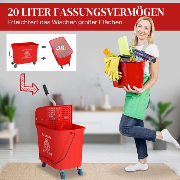 Reinigungswagen mit 20 Liter Eimer und Auswringer zur Bodenreinigung mit Warnhinweis auf Vorsicht nasser Boden für den gewerblichen Einsatz