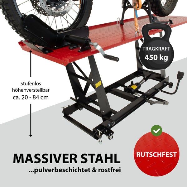 Motorradheber mit einer Tragkraft von 450 Kilogramm, stufenlos höhenverstellbar von circa 20 bis 84 Zentimeter.