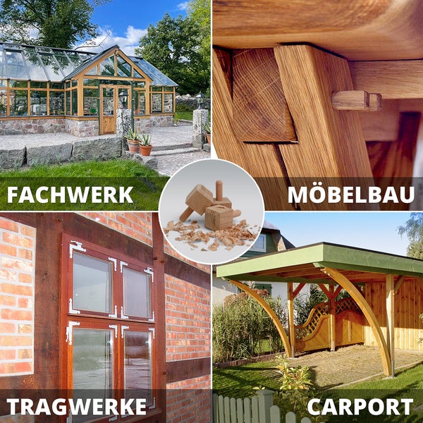 Bildmontage verschiedener Holzbauprojekte: Fachwerkhaus, Möbelbau, Tragwerke und Carport