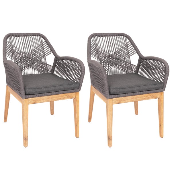 Zwei graue Gartensessel mit Armlehne, Kordelbespannung und Holzbgestell