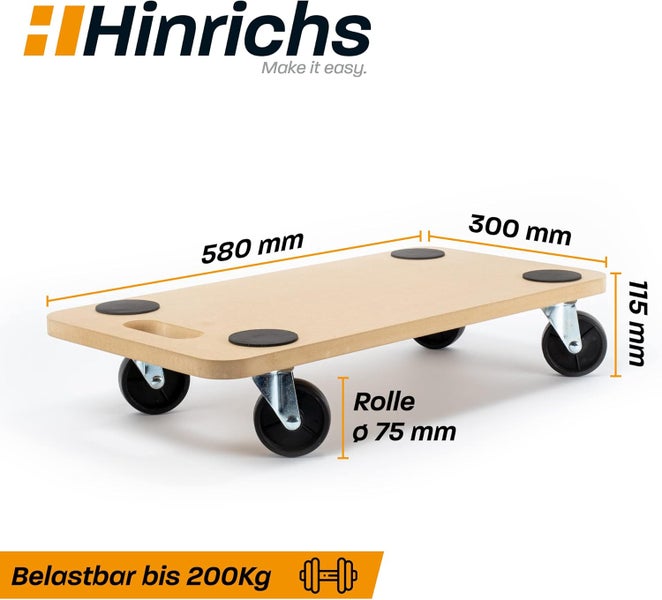 Hinrichs Möbelroller mit den Maßen 580 x 300 mm, einer Rollengröße von 75 mm, einer Höhe von 115 mm und einer Belastbarkeit von 200 kg