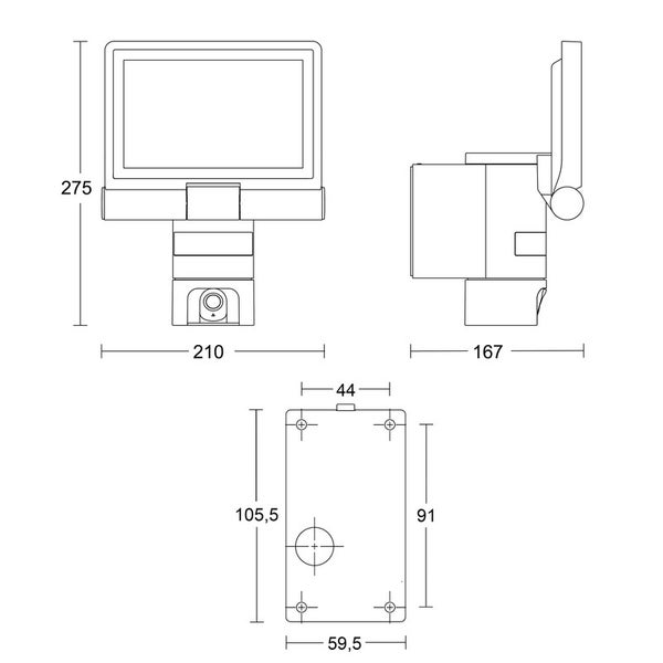 Technische Zeichnung Außenstrahler: Höhe 275 Millimeter, Breite 210 Millimeter, Tiefe 167 Millimeter. Montageplatte 105,5 mal 59,5 Millimeter.