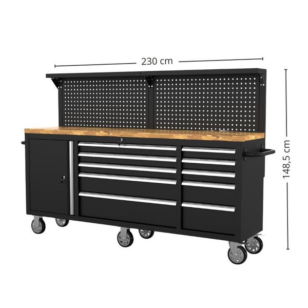Werkbank mit Schubladen, Tür, Lochwand und Holzplatte, 230 cm breit und 148,5 cm hoch