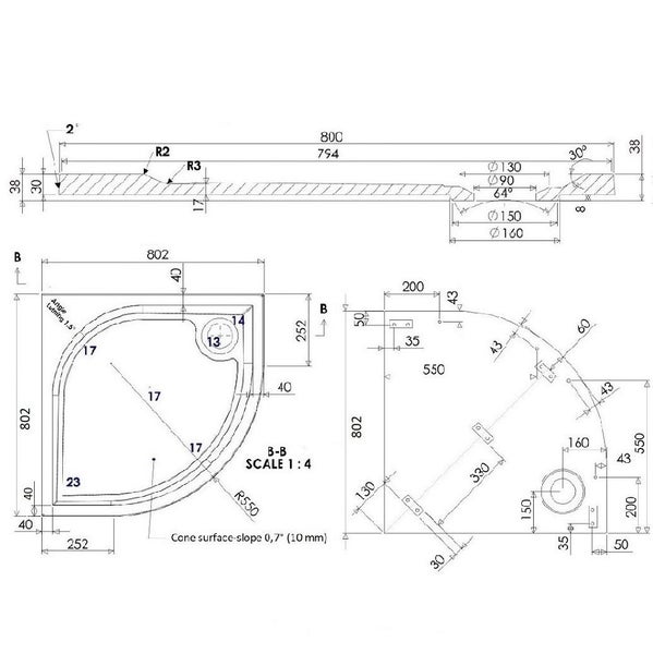 Mineralguss Viertelkreisduschwanne 80 CM bodengleicher Einbau | Klio