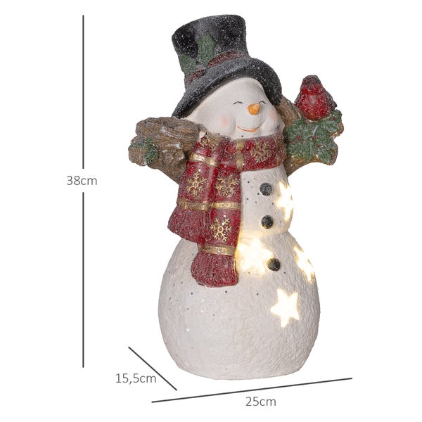 HOMCOM Weihnachtsdeko Figur, Schneemann mit Schals, Hüte und Vögel, 38 cm Weihnachtsfigur mit LED-Licht, Dekofigur zu Weihnachten, für In- und Outdoor
