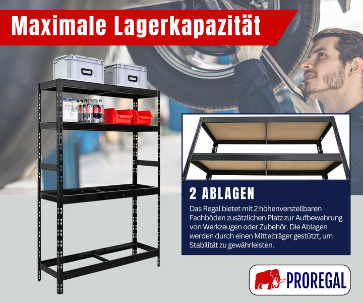 Schwarzes Schwerlastregal von Proregal mit hoher Lagerkapazität und zwei höhenverstellbaren Fachböden mit Mittelträger. Proregal Logo.