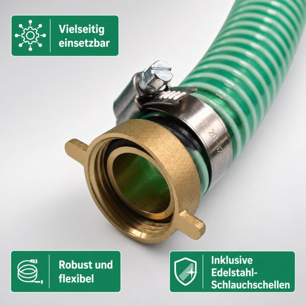 Saugschlauch mit Messinganschluss und Edelstahl Schlauchschelle für vielseitigen Einsatz