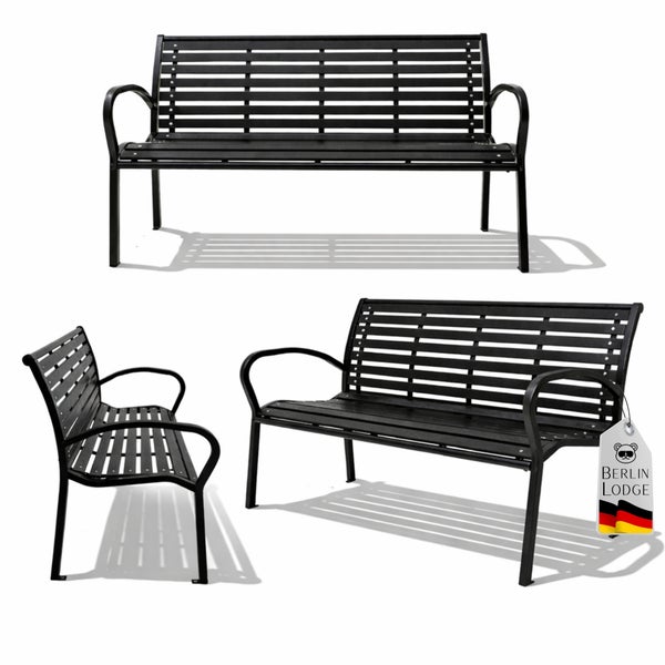 Schwarze Gartenbank aus Metall mit Latten-Design und geschwungenen Armlehnen, Berlin Lodge Logo.