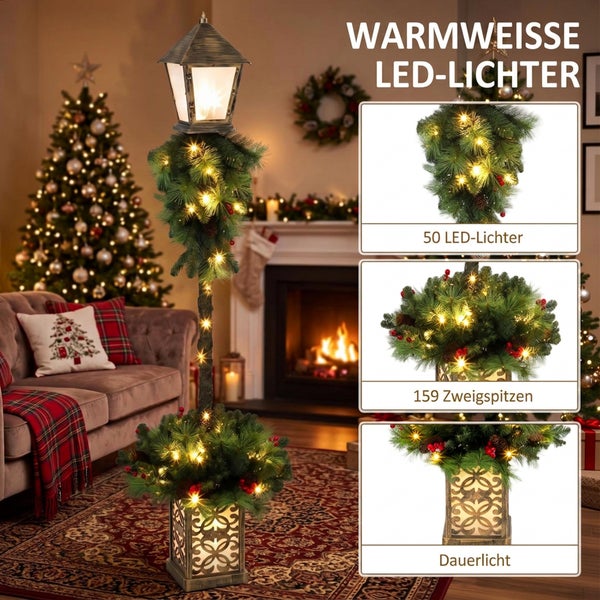 Dekorative Weihnachtsstraßenlaterne mit warmweißer LED Beleuchtung, Tannenzweigen, 159 Zweigspitzen und 50 Lichtern für weihnachtliche Dekoration.