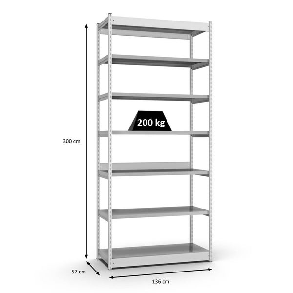 PROREGAL Fachbodenregal Stecksystem Vierkant-Profil Grundregal HxBxT 300 x 132,5 x 50 cm 7 Ebenen Einseitige Bauart Fachlast 200 kg Lichtgrau