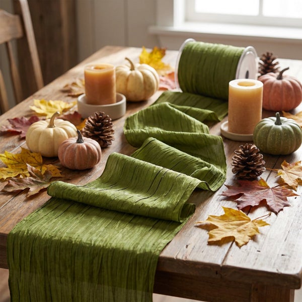 Tischläufer in Grün auf einem Holztisch dekoriert mit Kürbissen, Tannenzapfen und Herbstblättern für eine herbstliche Tischdekoration.