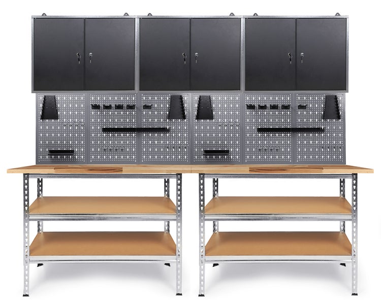 Werkbank-Set mit drei Hängeschränken, Lochwand und zwei Regalböden